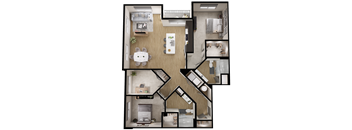 A top-down view of a small apartment with a kitchen, living room, and bathroom.