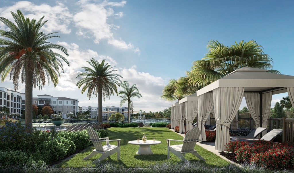 a rendering of a garden with chairs and tables and palm trees