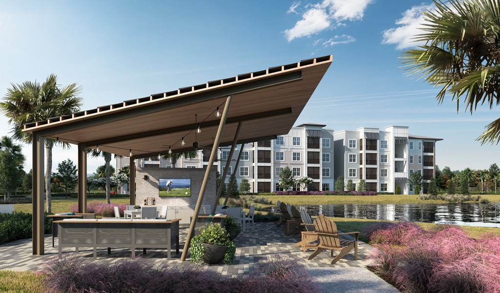 a rendering of an outdoor pavilion with a pool and buildings in the background