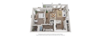 this is a 3d floor plan of a 752 square foot 1 bedroom apartment at the
