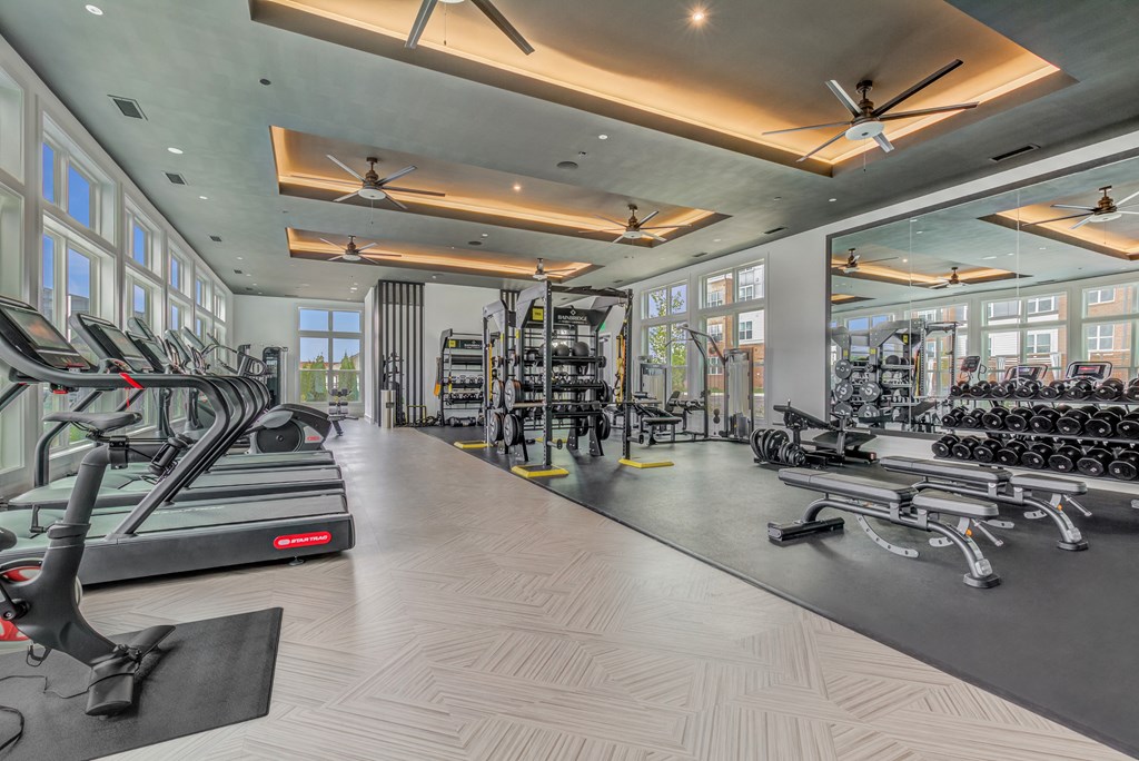 a gym with treadmills and other exercise equipment and windows