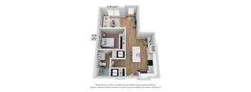 a stylized floor plan with a bedroom and a living room