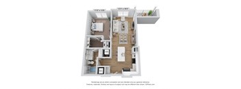 a stylized floor plan of a 1 bedroom apartment with a bathroom and a kitchen