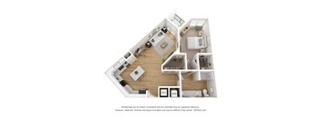 A 3D floor plan of a house with a kitchen, living room, and two bedrooms.