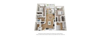 A 3D floor plan of a house with a kitchen, living room, and two bedrooms.