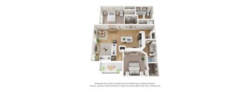 A 3D floor plan of a house with a kitchen, living room, and bathroom.