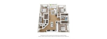 A 3D floor plan of a house with a kitchen, living room, and bathrooms.