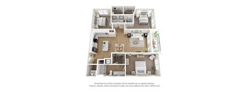 A 3D floor plan of a house with a kitchen, living room, and bedrooms.