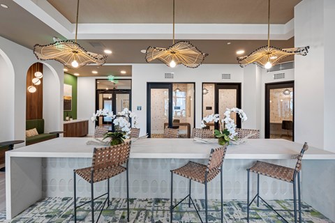 A dining area with a long table and chairs.