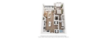 A floor plan of a small apartment with a kitchen, living room, and bathroom.