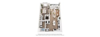 A 3D floor plan of a small apartment with a kitchen, living room, and bathroom.