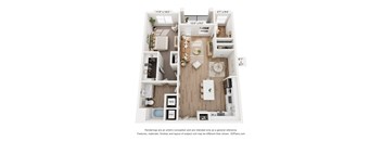 A 3D floor plan of a house with a kitchen, living room, and two bedrooms.