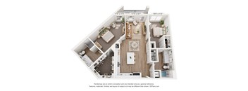 A 3D floor plan of a small apartment with a kitchen, living room, and bathroom.