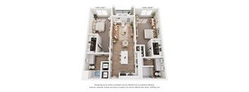 A floor plan of a two-bedroom apartment with a living room, kitchen, and bathroom.