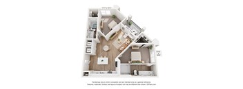 A 3D floor plan of a house with a kitchen, living room, and bathroom.