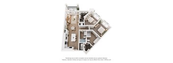 A floor plan of a two-bedroom apartment with a living room, kitchen, and bathroom.