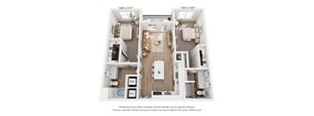 A floor plan of a small apartment with a kitchen, living room, and bathroom.