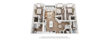 A floor plan of a two-bedroom apartment with a kitchen, living room, and bathroom.
