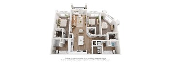 A 3D floor plan of a two-bedroom apartment with a living room, kitchen, and bathroom.