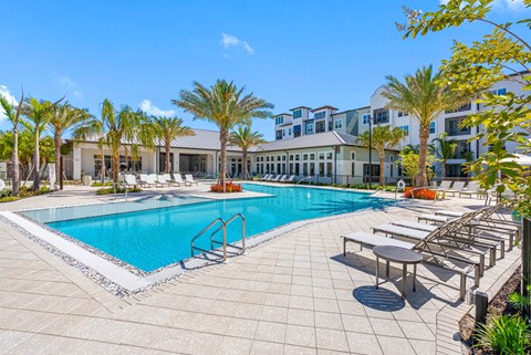 A swimming pool surrounded by palm trees and lounge chairs.