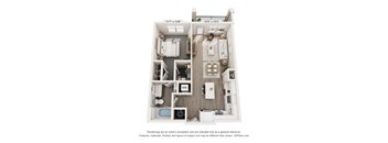 A 3D floor plan of a small apartment with a kitchen, living room, and bathroom.
