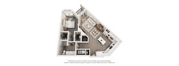 A 3D floor plan of a small apartment with a kitchen, living room, and two bedrooms.
