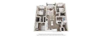 A 3D floor plan of a house with a kitchen, living room, and two bedrooms.