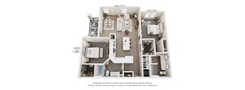 A 3D floor plan of a house with a kitchen, living room, and bathroom.