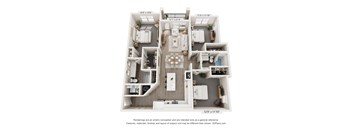 A 3D floor plan of a house with a living room, kitchen, dining room, and two bedrooms.