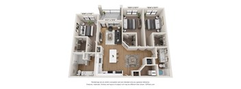 A 3D floor plan of a house with four bedrooms, a living room, a kitchen, and a bathroom.