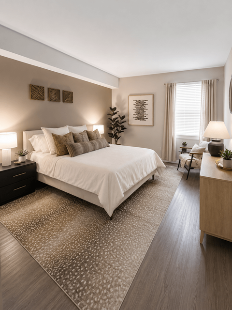 A bedroom with a large bed and a wooden nightstand.