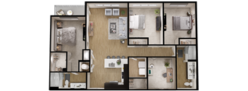 A series of images showing different layouts of a small apartment.