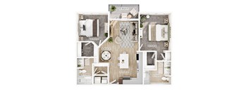 A floor plan of a house with a living room, kitchen, dining room, and bathrooms.