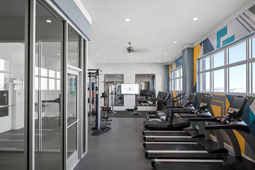 a gym with cardio machines and weights and windows