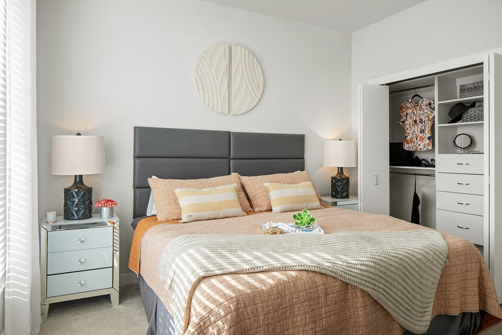 a bedroom with a bed and a closet