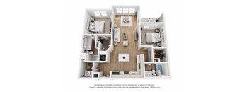 A 3D floor plan of a two-bedroom apartment.