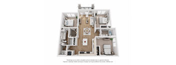 A 3D floor plan of a house with a kitchen, living room, and two bedrooms.