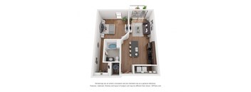 a stylized floor plan with a bedroom and a living room