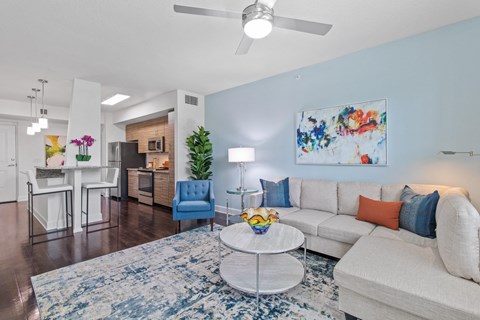 A living room with a white couch, a blue chair, and a rug with a floral pattern.