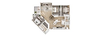 A floor plan of a house with a kitchen, living room, and bathrooms.