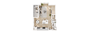 A 3D floor plan of a house layout.