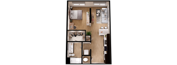 A top-down view of a small apartment with a kitchen, living room, and bathroom.