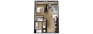 A top down view of a small apartment with a kitchen, living room, and bathroom.