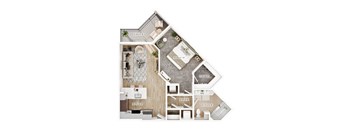 A floor plan of a house with a living room, kitchen, and bathrooms.