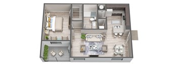 A top-down view of a modern apartment layout with a living room, dining area, kitchen, and bedrooms.