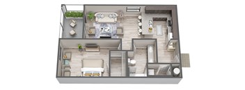 A top-down view of a two-story apartment with a living room, kitchen, and bathrooms.