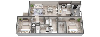 A top-down view of a two-story apartment with a living room, kitchen, and bedrooms.