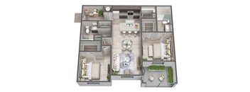 A 3D floor plan of a house with a living room, kitchen, dining room, and bedrooms.