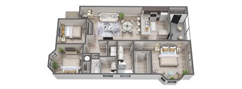 A 3D floor plan of a house with multiple rooms and furniture.