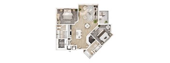 A floor plan of a house with a bedroom, living room, kitchen, and bathroom.